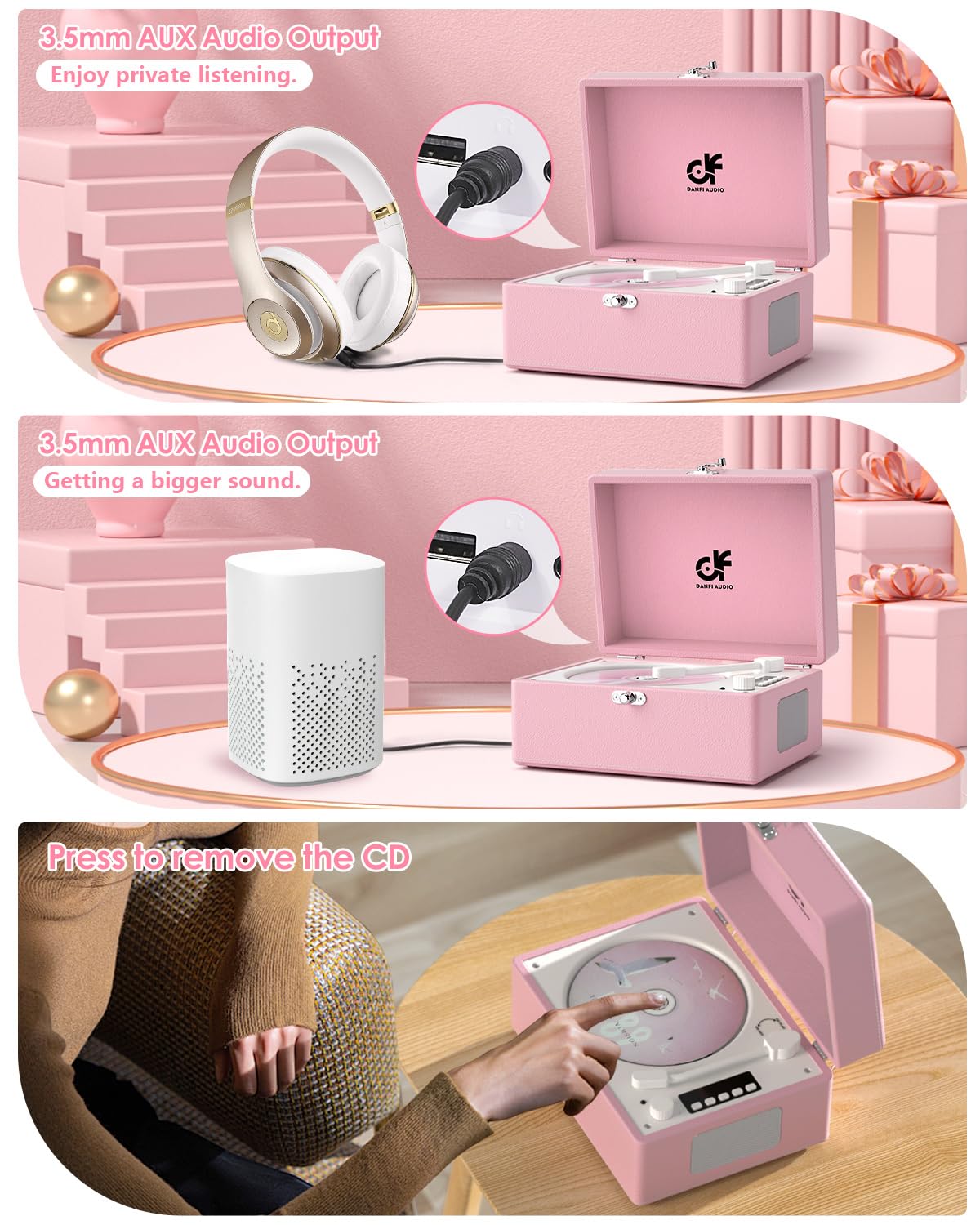 CD Player with Stereo Speakers, Wireless Bluetooth Input/Output Transmission, Rechargeable Battery, LED Screen USB Retro CD Player for Home