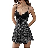 MakeMeChic Women's Polka Dots Mini Dress Lace V Neck Tie Front Leopard Print Short Dresses Party Club Rave Outfits