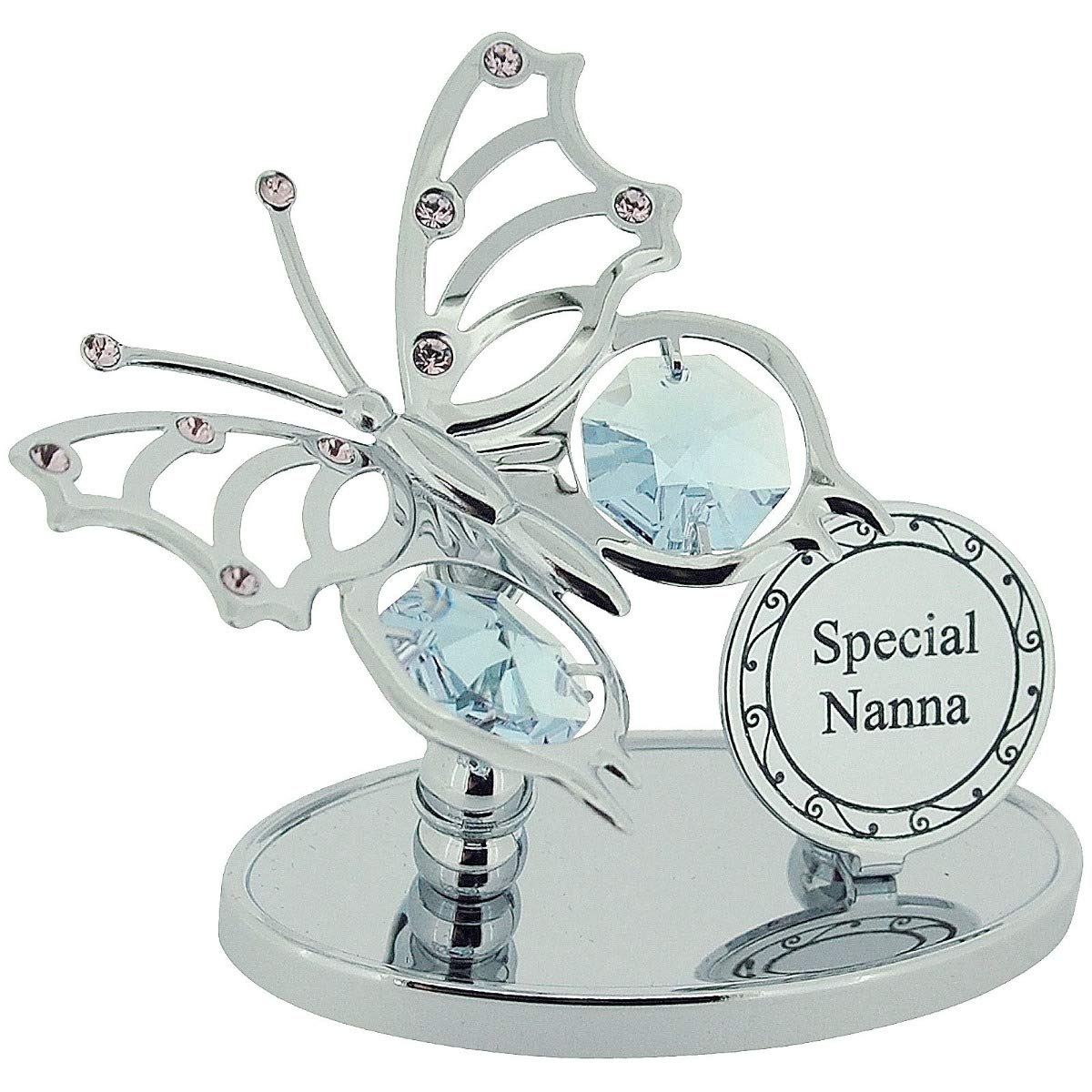 Crystocraft "Special Nanna" Freestanding Chrome Plated Butterfly Ornament With Swarovski Crystals.