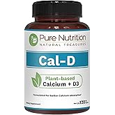 Pure Nutrition Cal D - Plant Based Calcium with VIT D3 K2 & Magnesium | 120 Tabs | 500mg Vegan Calcium per Serving | Algae Calcium Supplement for Bone Health