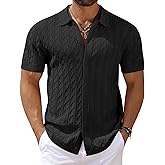 COOFANDY Men's Knit Short Sleeve Shirts Button Down Vintage Knitted Polo Shirt Casual Beach Crochet Cable Vacation Shirt