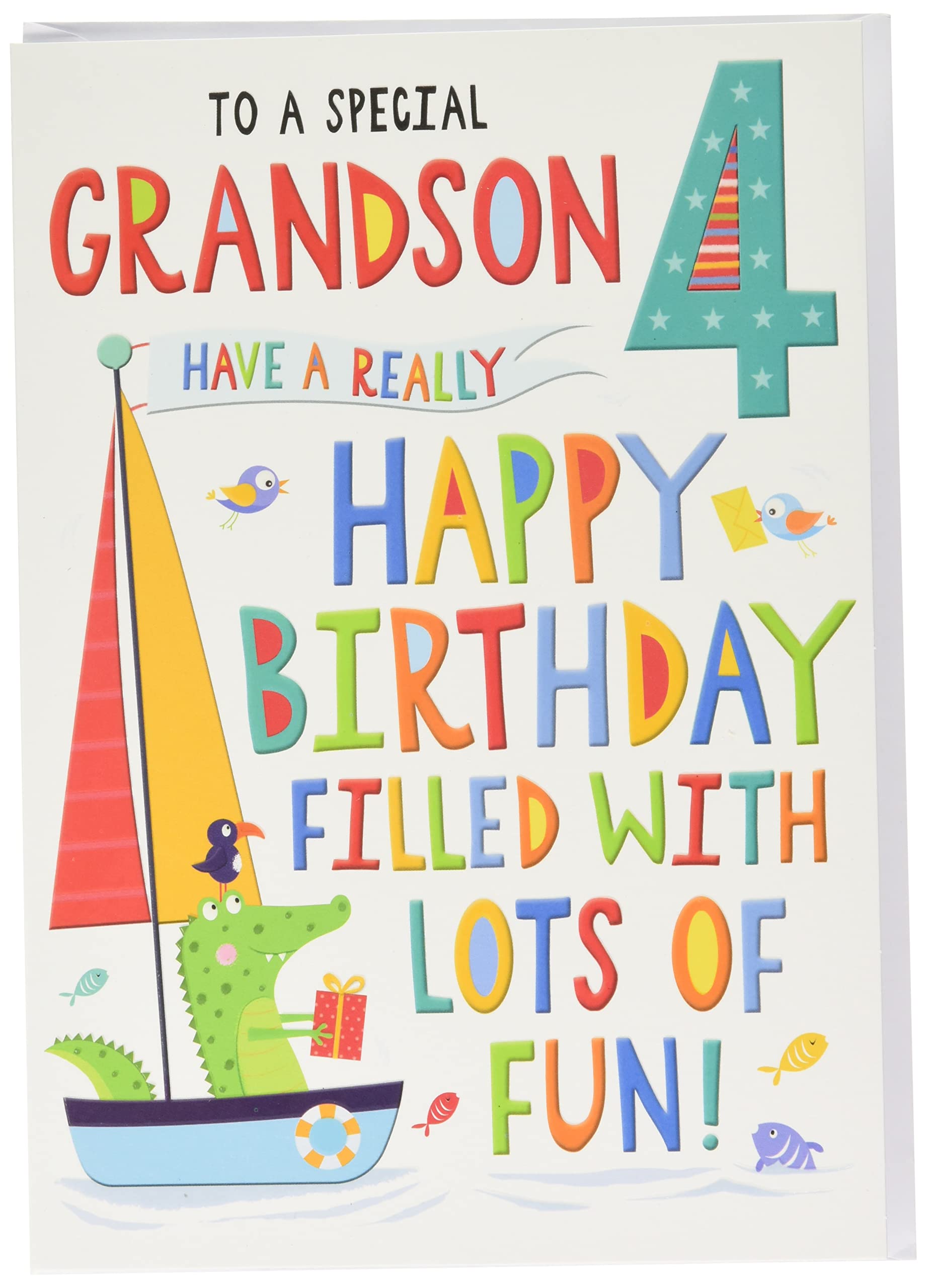 Regal Publishing Juvenile Birthday Card Age 4 Grandson, blue|green|beige|gold|red, 9 x 6 inches