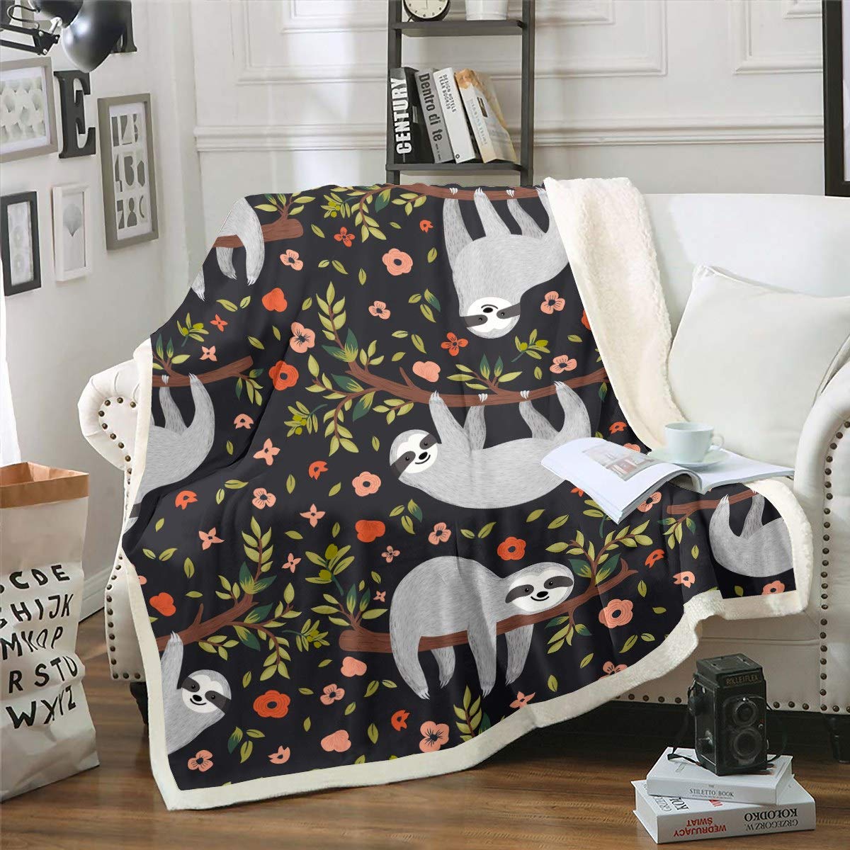 Loussiesd Sloth Fleece Throw Blanket Cartoon Sloth Print Sherpa Blanket for Kids Boys Girls Botanical Floral Plush Blanket Leaves and Branches Fuzzy Blanket for Sofa Bed Couch Single 50x60 Inch