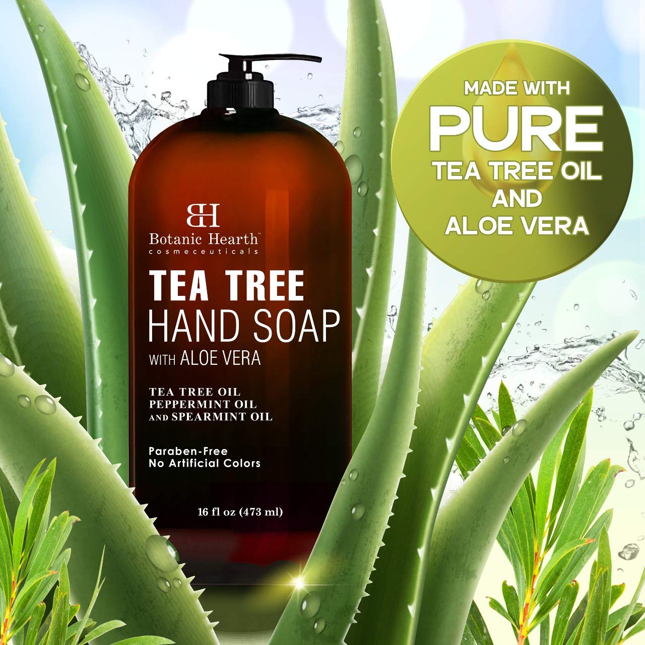 Botanic Hearth Tea Tree Liquid Hand Soap - Sulfate Free Formula - Multi Purpose Hand Wash with Aloe Vera and Therapeutic Grade Tea Tree Oil, Pump Dispenser - 16 fl oz : Beauty