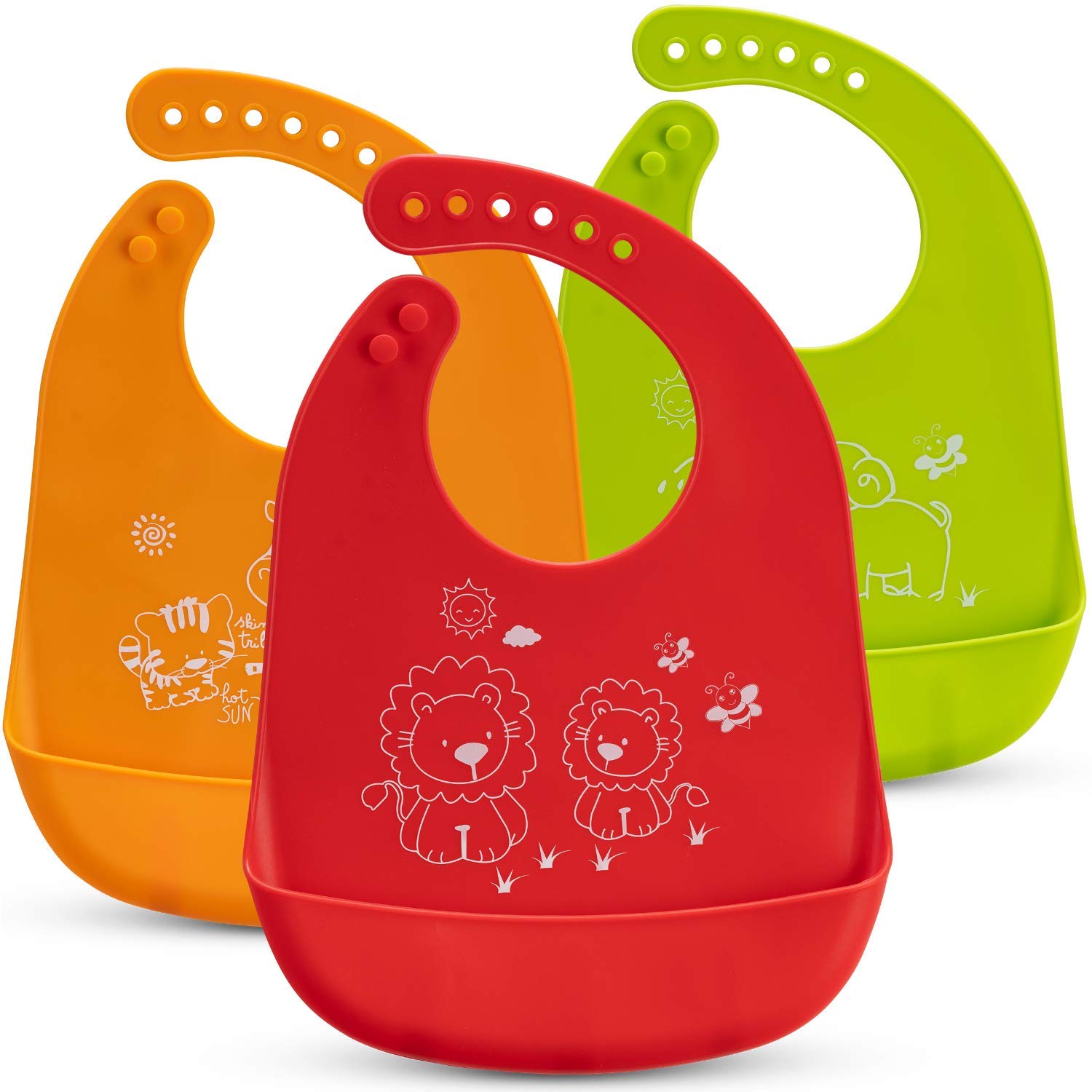 Karids Baby Bibs – 3-Pack Silicone Weaning Bibs – Machine Washable Silicone Bibs for Babies – 7 Adjustable Sizes – Machine Washable – Cute Animal Design and Vibrating Colours – No-Mess Food Pouch