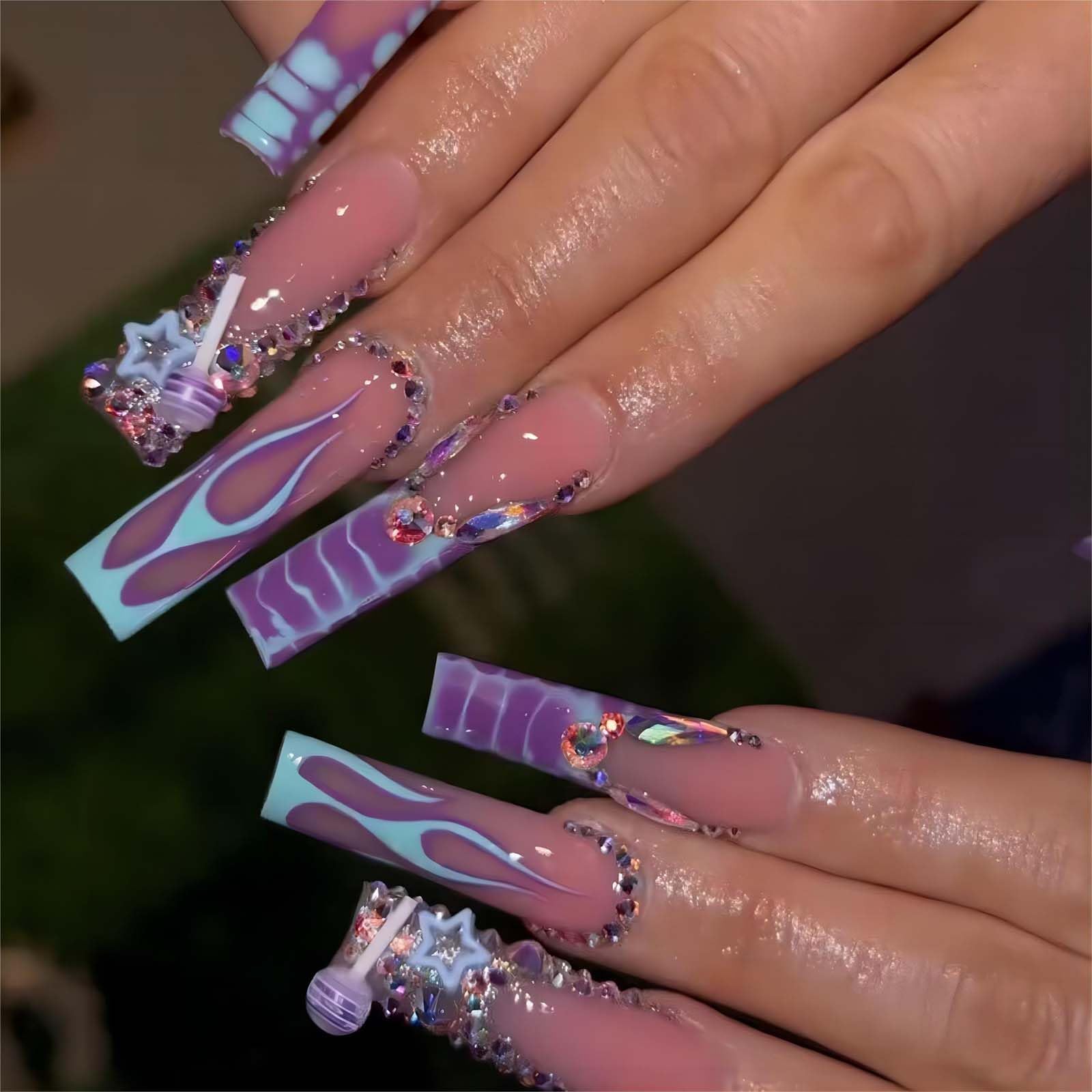 Photo 1 of QQPPOLIU Press on Nails Long Square Purple Fake Nails with Design Full Cover Nails (Purple)