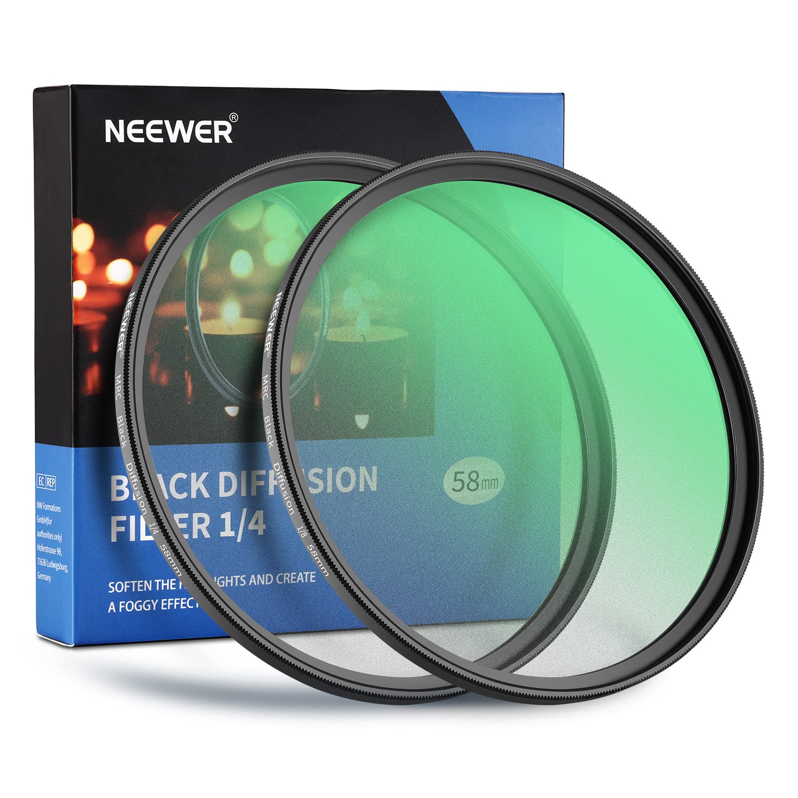 NEEWER 2 Pcs 58mm Black Diffusion Lens Filter Kit, 1/4 & 1/8 Cinematic Effect Filters with Storage Cases,Cleaning Cloths， Multi Nano Coated HD Optical Glass for Video/Vlog/Portrait Shot