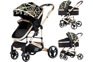Blahoo Baby Stroller for Newborn, 2 in1 High Landscape Stroller, Foldable Aluminum Alloy Pushchair with Adjustable Backrest. Bassinet Stroller Black(Gold Stripe)