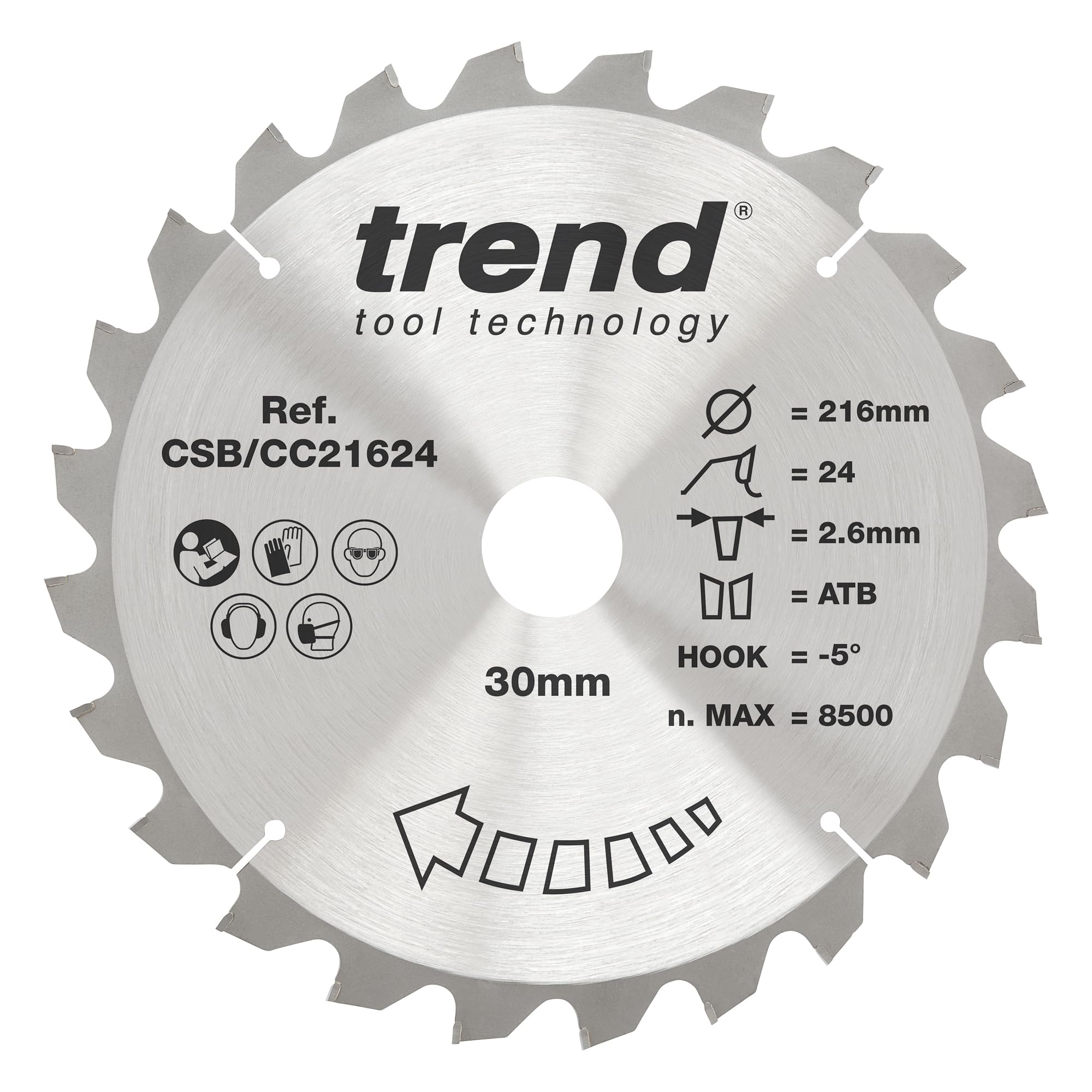 Trend Wood Mitre Saw Blade, 216mm Diameter, 30mm Bore, 24 Teeth, 2.6mm Kerf, -5° Hook, TCT, Coarse Finish, CSB/CC21624