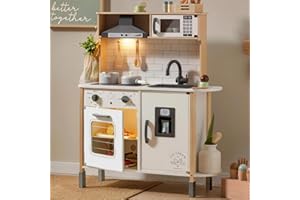 Tiny Land Play Kitchen for Kids, Wooden Kids Play Kitchen Playset Chef Pretend Play Set for Toddlers with Real Lights & Sound
