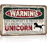 RCXsigns Vintage Unicorn Metal Sign, Warning this property is protected bY a highly trained Unicorn Sign Funny Tin Signs 12x8 Inch