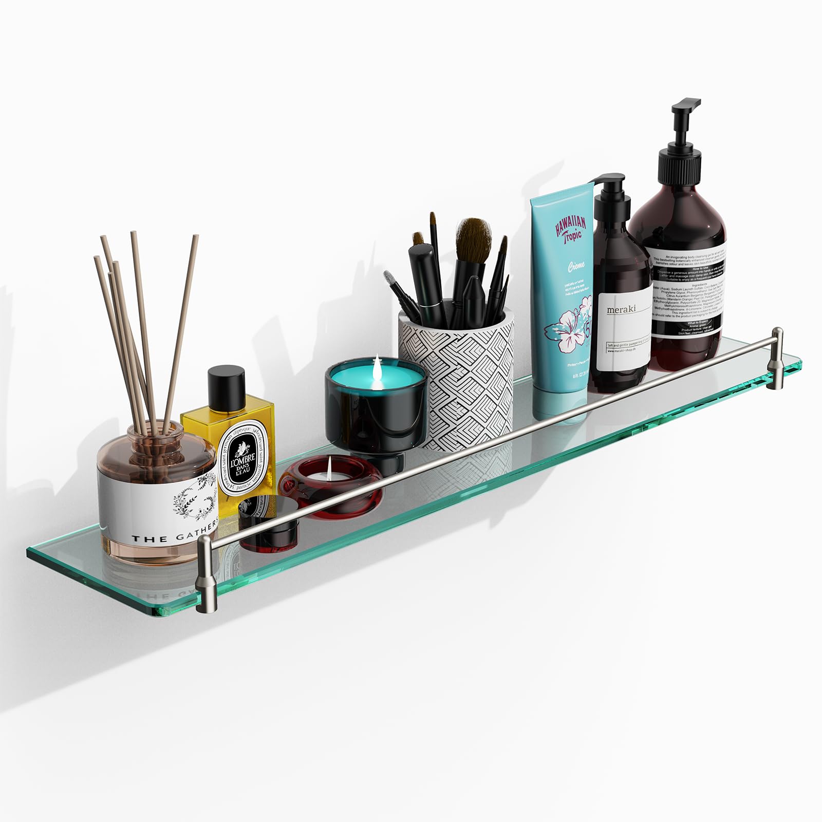 Photo 1 of KOCOK Glass Shelf for Bathroom,24-Inch Brushed Nickel Floating Shelves Rectangular Stainless Steel Tempered Glass Bathroom Shelf for Wall Mount Modern Accessories