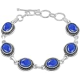 Natural Lapis Lazuli 925 Silver Plated Adjustable link Chain Bracelet for Women - September Birthstone Oval Shape Gemstone Handmade Jewelry Bracelet - Christmas Gifts for Her
