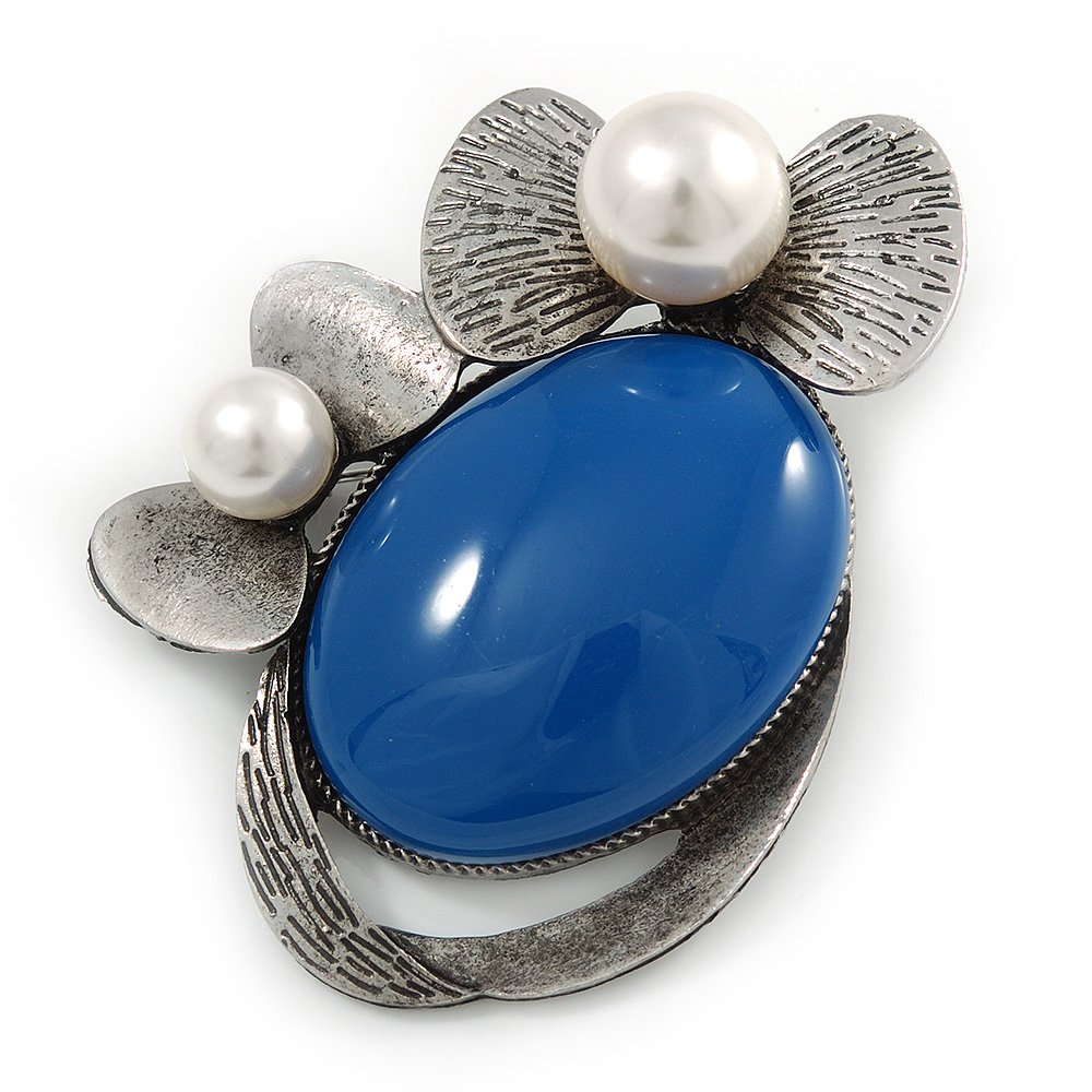 Royal Blue Ceramic Oval Stone Faux Pearl Flowers Brooch/Pendant/Pewter Tone/ 70mm