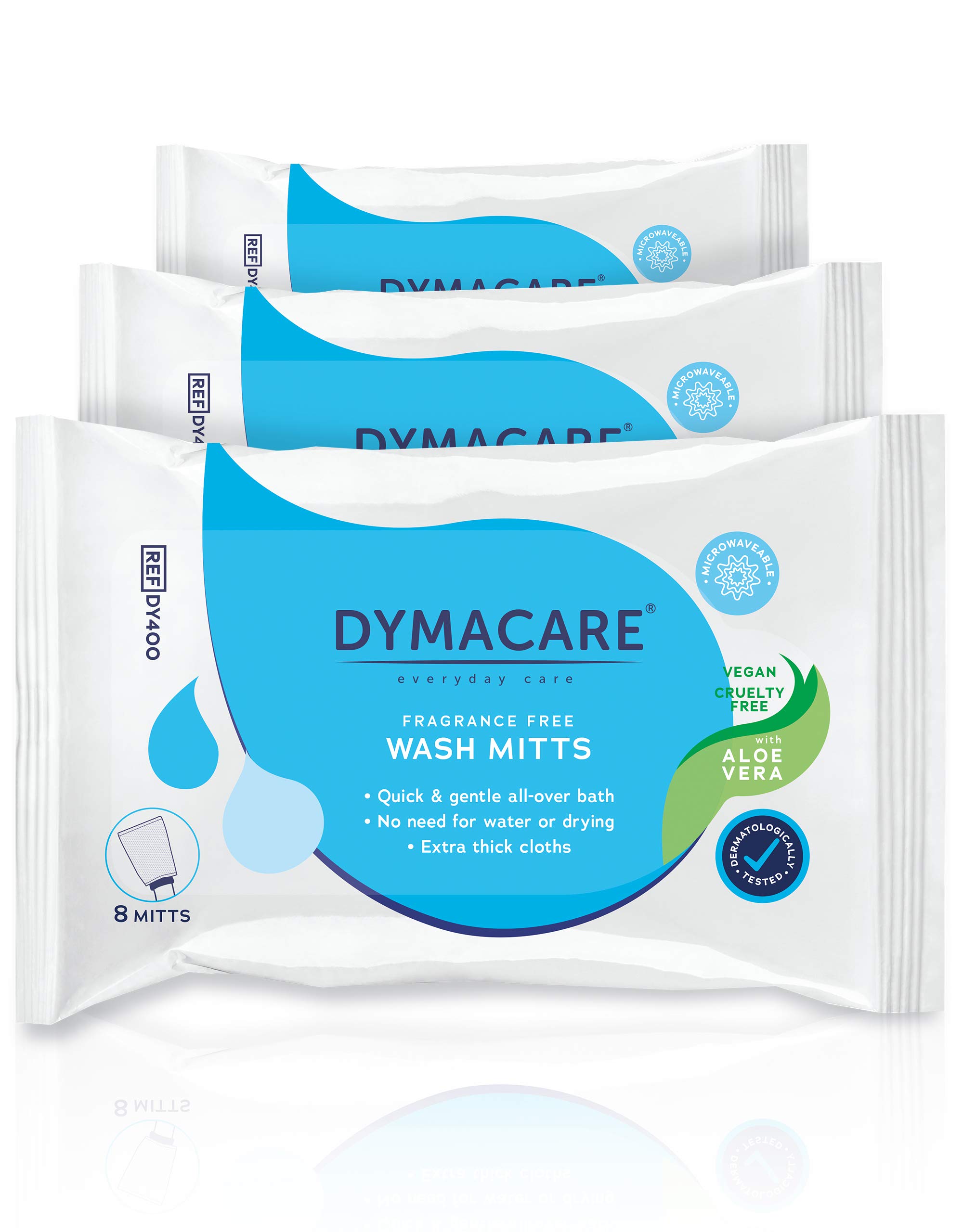 DYMACARE Fragrance-Free Wash Mitts | Rinse Free Microwaveable Adult Bed Bath Wet Wash Gloves | with Aloe Vera | Latex, Lanolin and Alcohol Free (3 Packs (24 Mitts in Total))