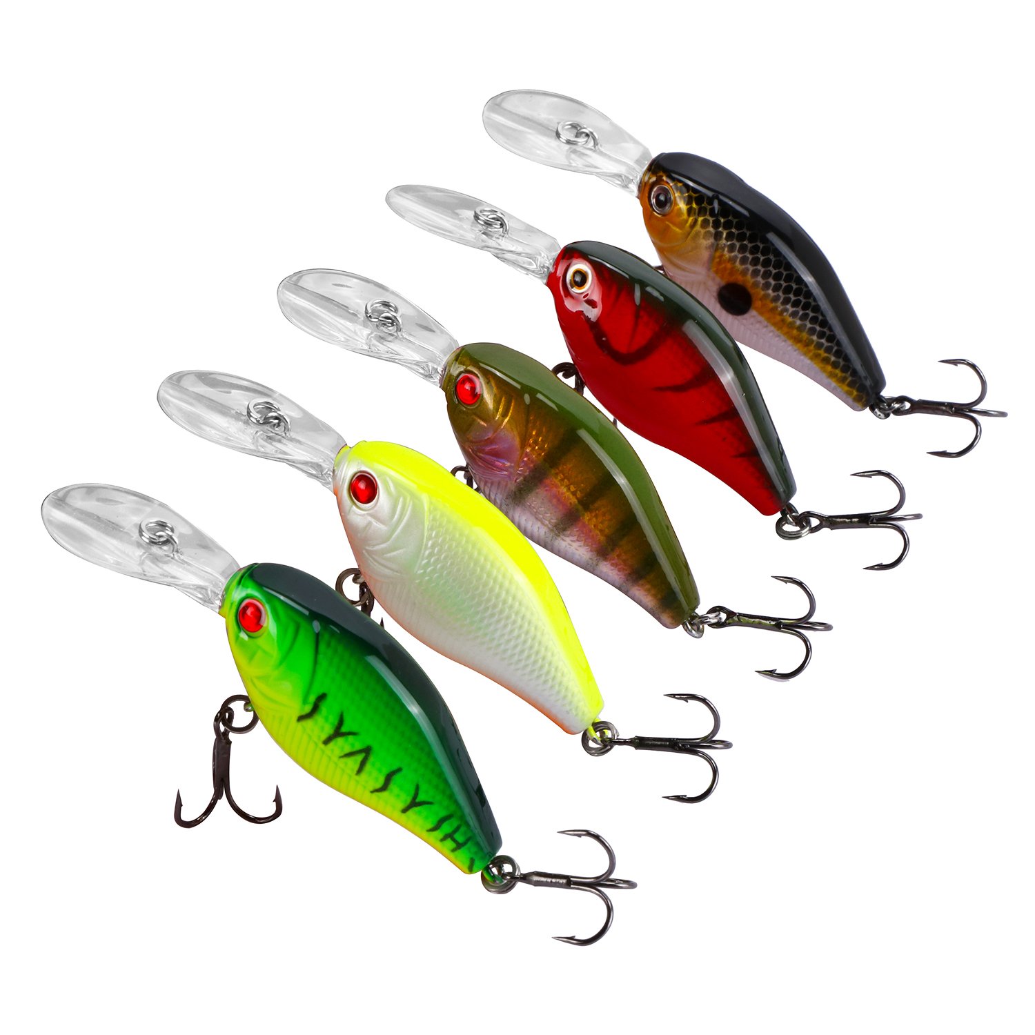 Goture Crankbait Set Hard Fishing Lure, Diving Wobblers Artificial Bait With 3D Eyes and #8 Black Nickel BKK Treble Hook for Freshwater and Saltwater (Pack of 5)