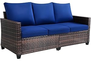 AstrPthylx 3-Seater Deep Seat Outdoor Sofa - High Back Patio Couch with Water-Resistant Cushions, All-Weather PE Rattan for Patio, Garden (Modern Design) (Blue)