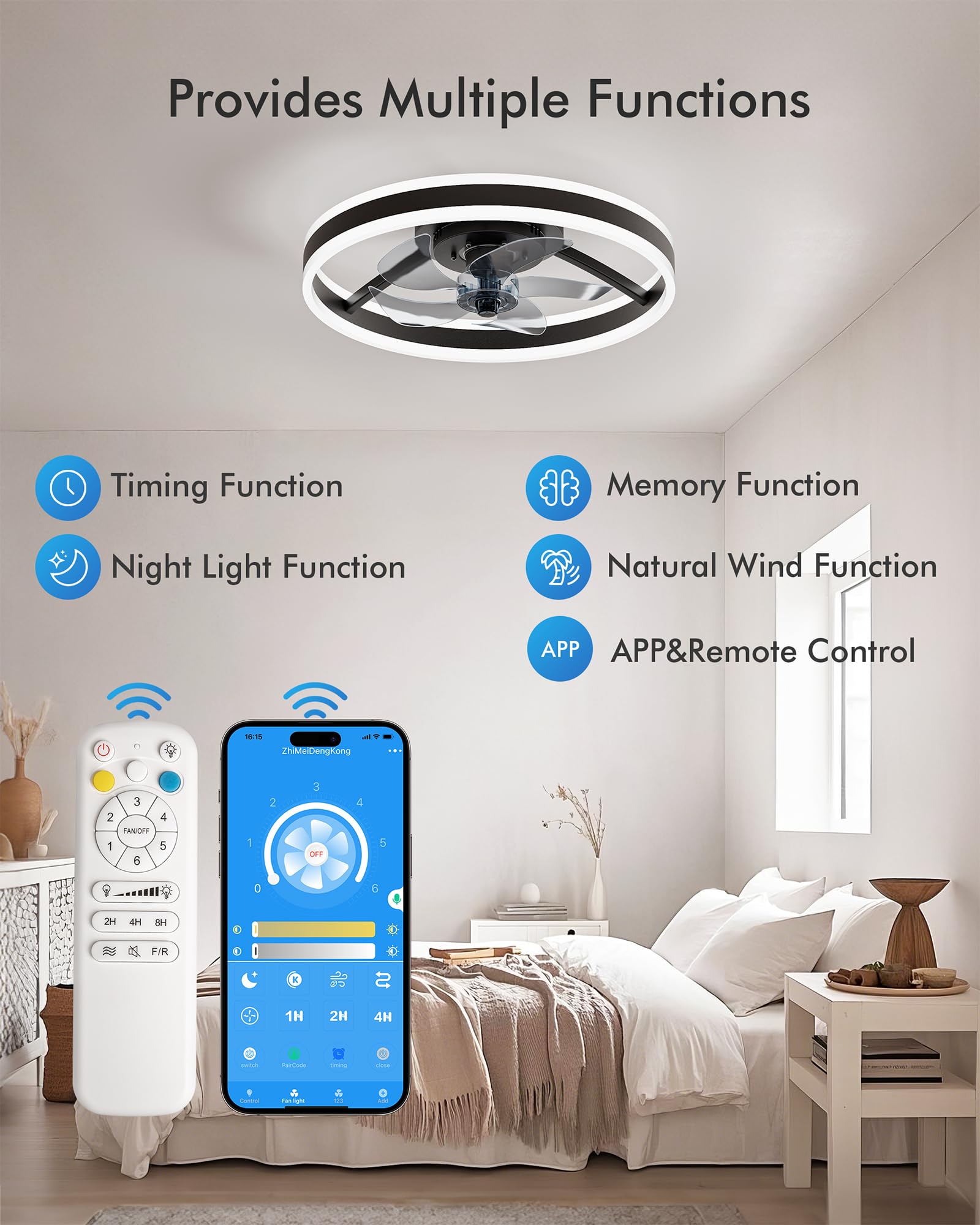CubiCubi Modern Ceiling Fans, 20 Inch Black Ceiling Fan with Lights and Remote Control, APP, Fandelier with 6 Wind Speeds, Low Profile Ceiling Fans with Lights for Bedroom, Office
