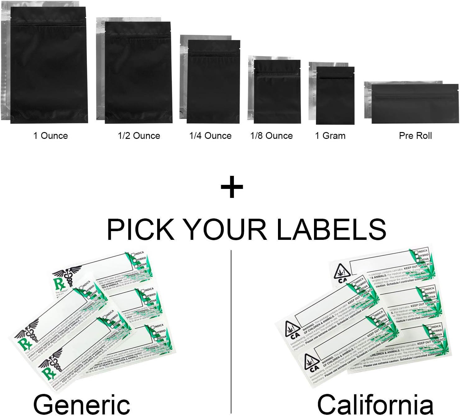 100 - Matte Black & Clear Mylar Smell Proof Bags w/Rx Labels (Generic Labels, 1/2 Ounce)