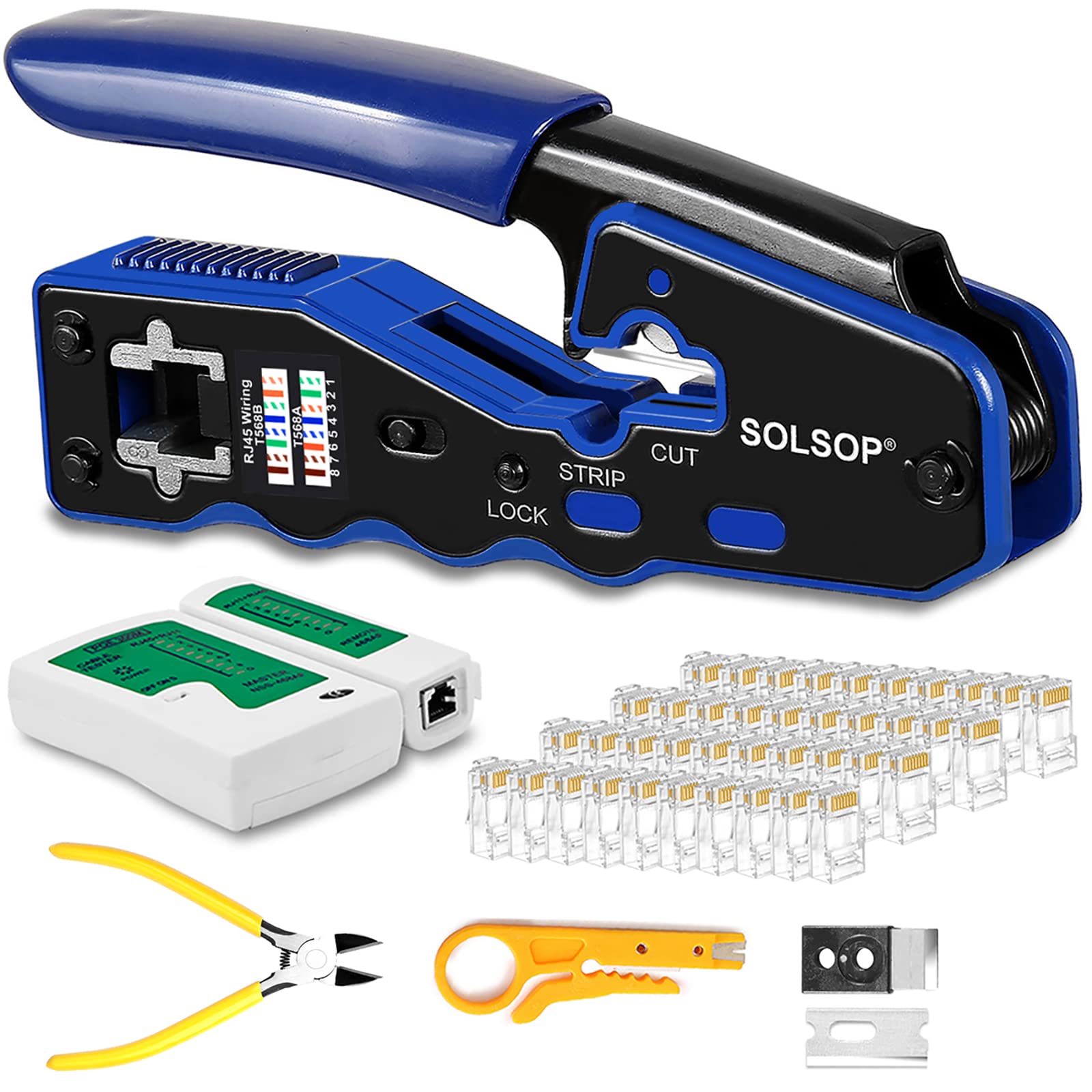 Solsop RJ45 Crimp Tool Pass Through - Cat5e Cat5 Cat6 RJ45 Crimping Tool Kit with 50PCS CAT5e CAT6 Pass Through Connectors, Mini Wire Stripper, Wire Cutter Plier, Network Cable Tester