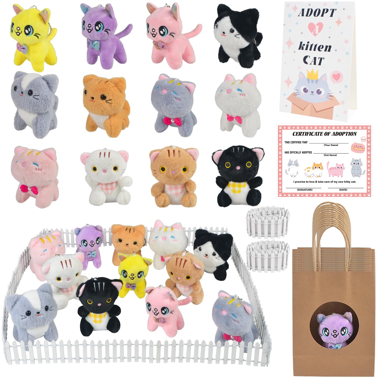 Photo 1 of 39PCS Adopt A Cat Party Favors, Mini Stuffed Animals Adopt A Pet Set Includes 12 Stuffed Kitten 12 Kraft Paper Bags 12 Adoption Certificate 2 Fence 1 Stand for Adopt Animals Birthday Party Decorations