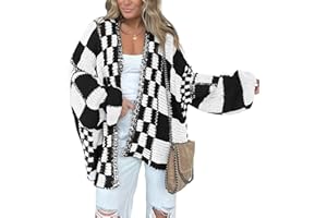 BTFBM Casual Cardigan Sweater for Women Fall 2025 Long Sleeve Open Front Chunky Knit Sweaters Checkered Outwear Coat
