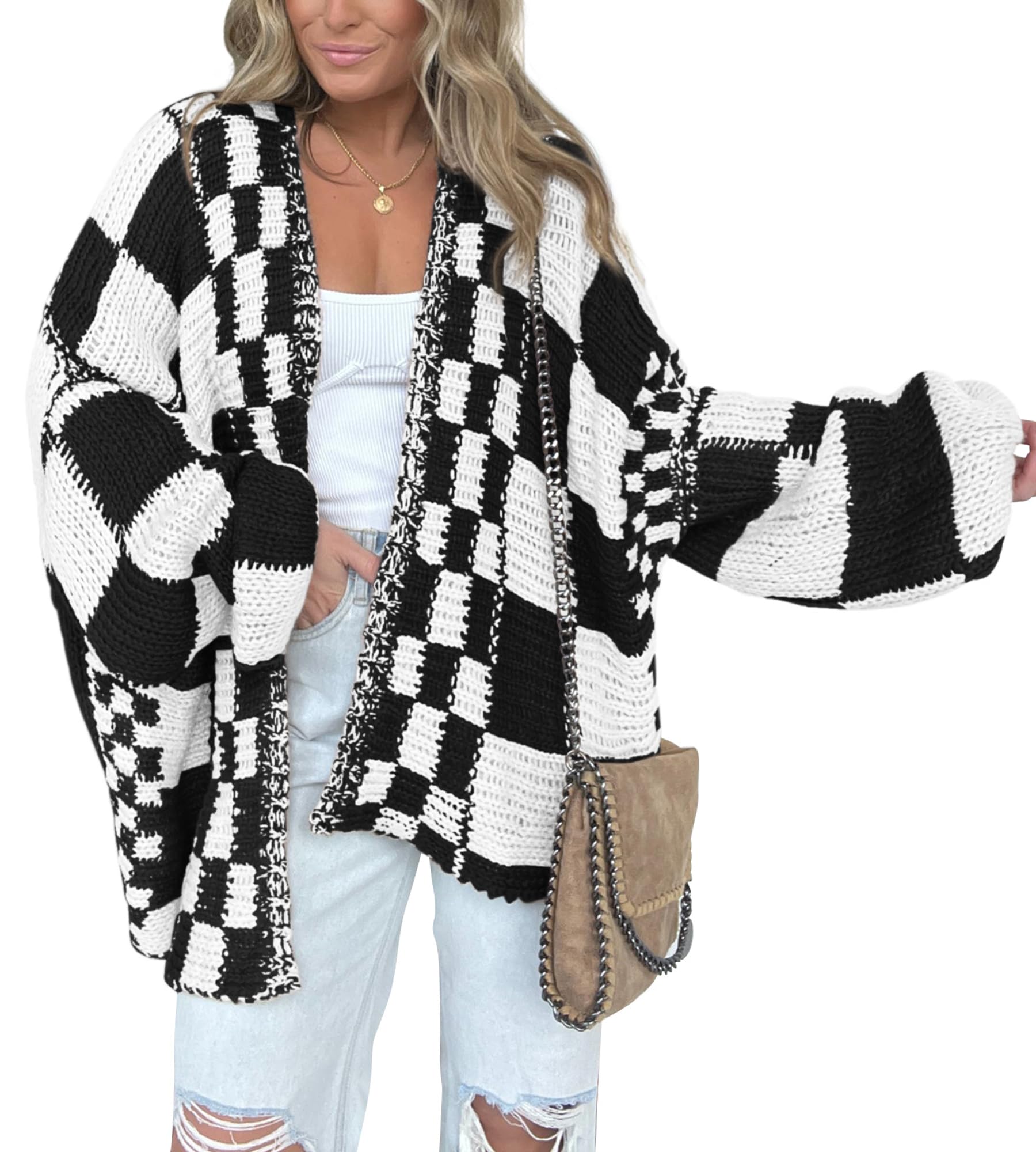 BTFBM Casual Womens Open Front Long Sleeve Chunky Knit Cardigan Sweater ...