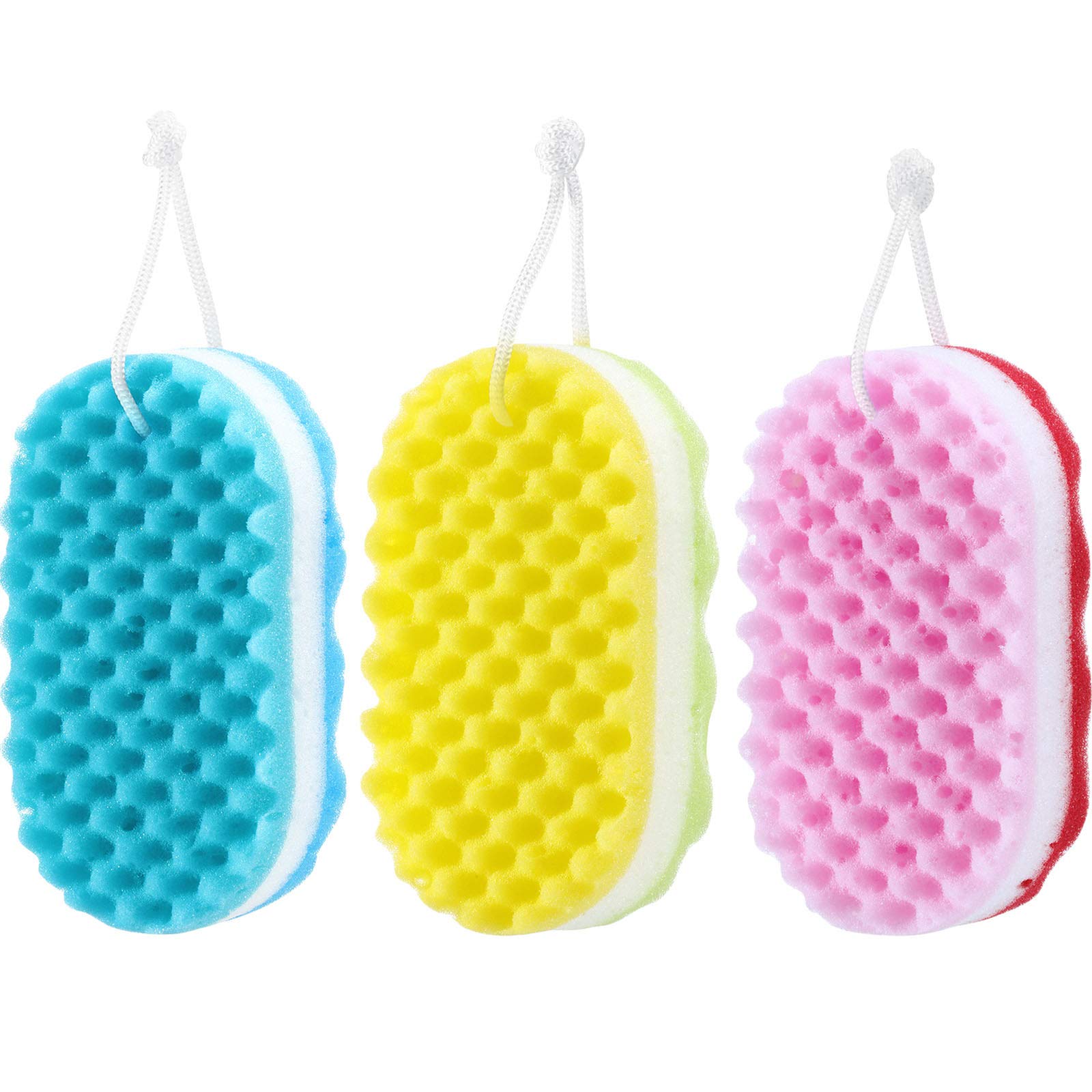 3 Pieces Soft Bath Foam Sponge Exfoliating Body Shower Sponge Double-Sided Fiber Sponges for Women and Men Body Cleaning Supplies (Yellow, Red, Blue)