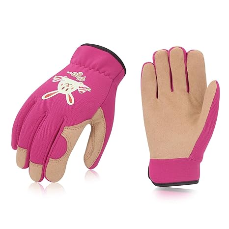 Vgo Kinder 4-6 J.A, Garten- und Arbeitshandschuhe,Kunstlederpalmen (1 Paar, Kid-S, Violett + Kaninchen, KID-SL7362)