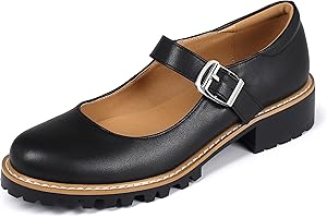 Sailimy Women's Leather Oxford Mary Janes Shoes Flats Chunky Low Heels Platform Sewing Retro Classics Round Toe Ankle Strap