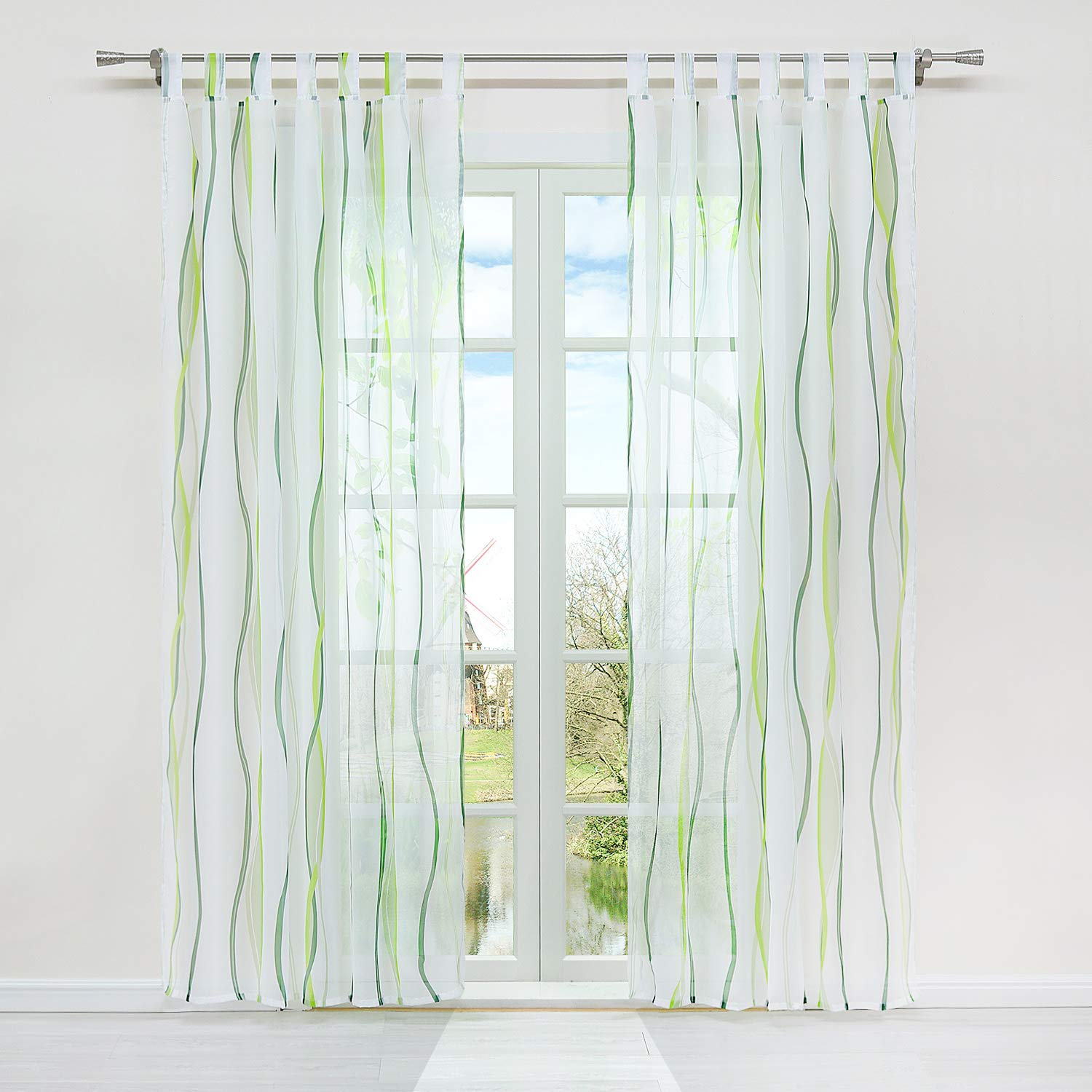 HongYa 1 Piece Transparent Net Curtain with Loops Waves Design Polyester Decoration for Bedroom Living Room Balcony Cream Green HW 145/140 cm