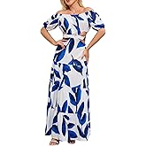 Zeoleviy Women's Summer Boho Maxi Dress Off Shoulder Puff Sleeve Cutout Tiered Tie Back Casual Party Long Flowy Dresses