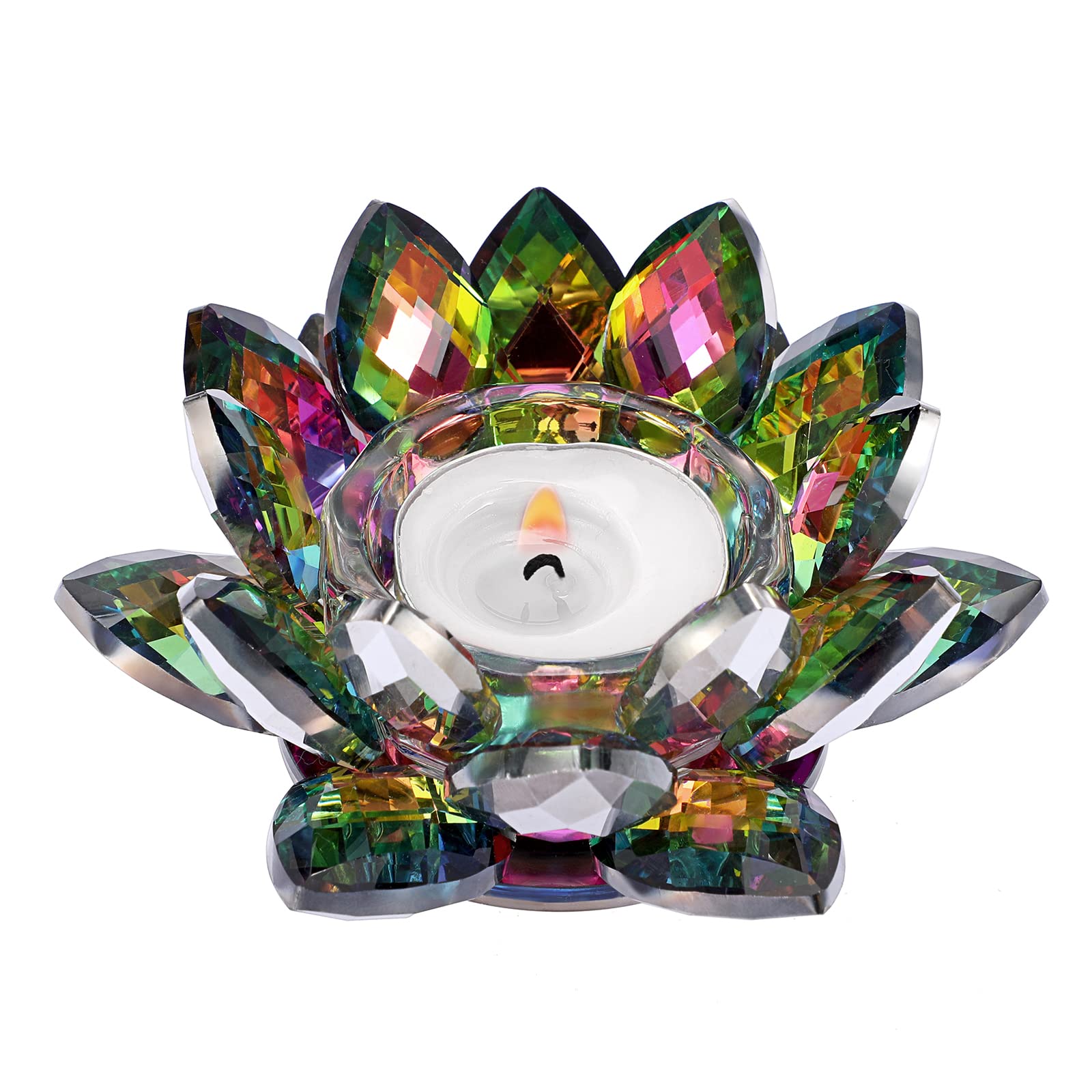 SUMTree Crystal Lotus Candle Holder for 4.5" Pillar Candle, Decorative Tealight Lotus Votive Candle Holder, Petals Style Flower Tealight Holder for Home Wedding Anniversary Decor, AB Colorful