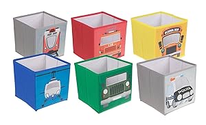 Clever Creations Army Jeep, Firetruck, Helicopter, Police Car, School Bus, Train, 6 Vehicle Collapsible Storage Organizers Folding Storage Box | Perfect Size Chest for Books, Shoes & Games