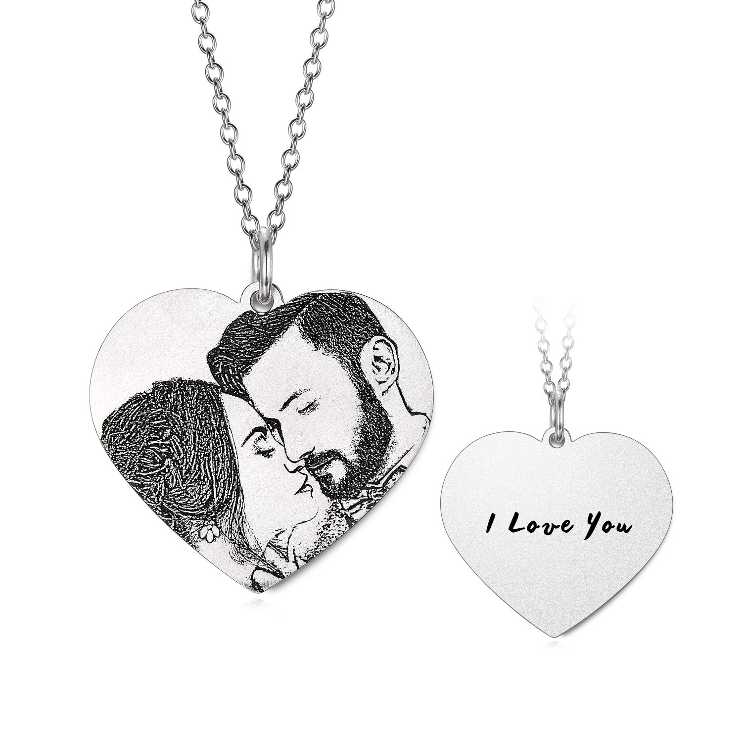 Lonago Personalized Sketch Photo Name Necklace Sterling Silver Custom Your Dogcatfamilyfriend Etched Picture Heart Shape Pendant 18k White Rose