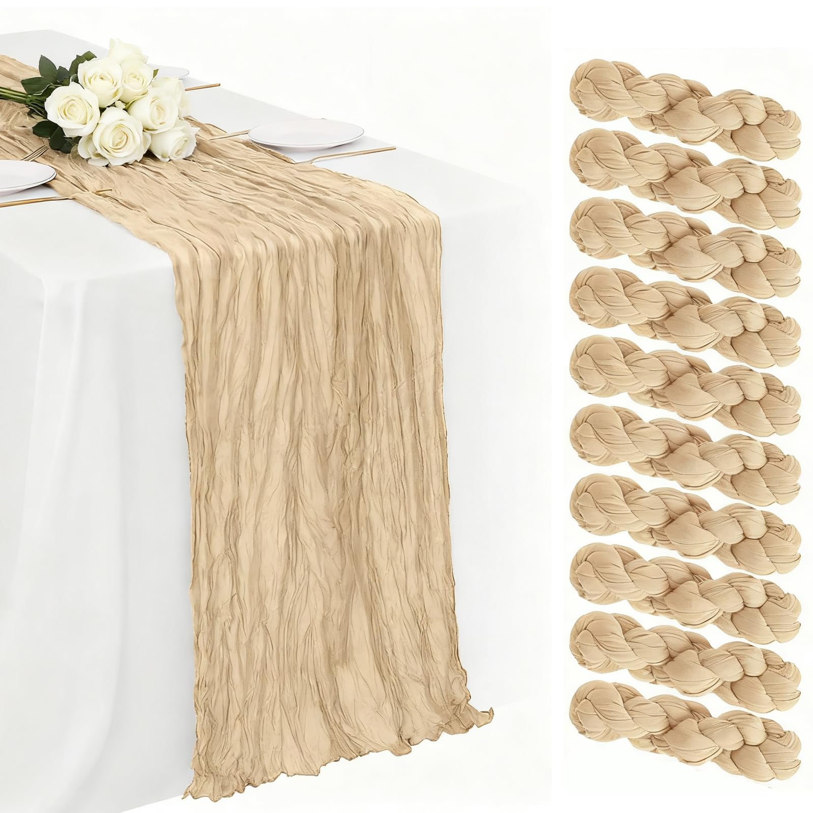 Photo 1 of 10 Pack Champagne Cheesecloth Table Runner 120 Inch 10 FT Boho Gauze Cheese Cloth Long Table Runner Romantic Rustic Sheer Runners for Wedding Baby Shower Home Decor Holiday Decorations