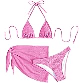 SHENHE Women's 3 Piece Textured High Cut Halter Triangle Bikini Swimsuit with Cover Up
