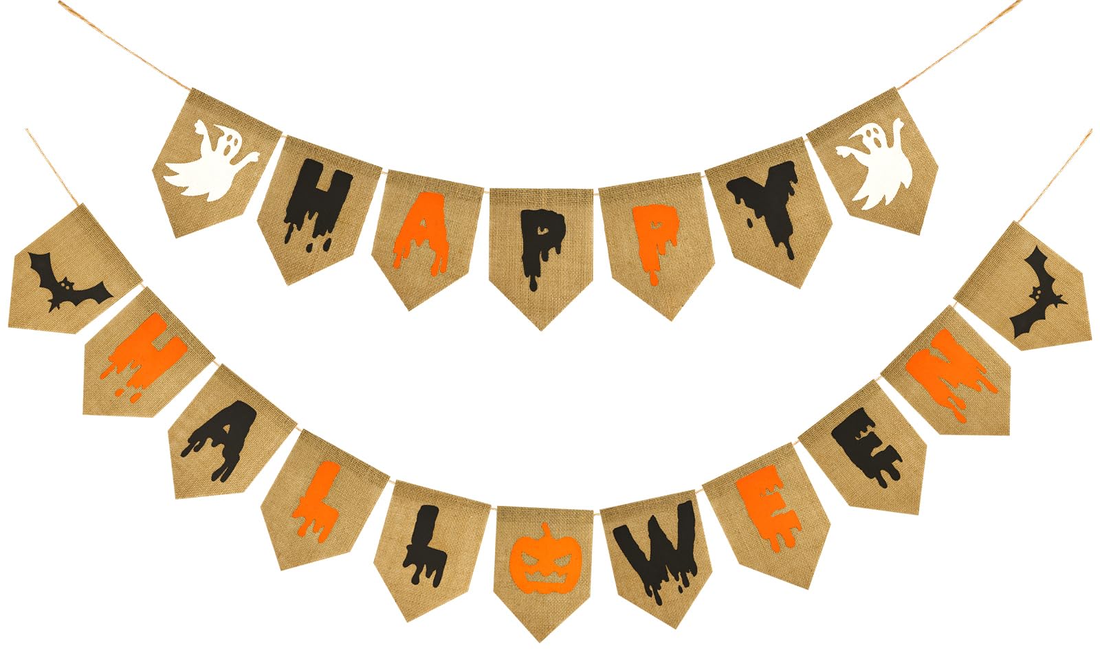 Photo 1 of jijAcraft Happy Halloween Banner - Prestrung Burlap Halloween Bunting Banner with Ghost and Bats Pattern, Colorful Halloween Banner for Indoor Fireplace Wall Porch and Outdoor Halloween Party Decor