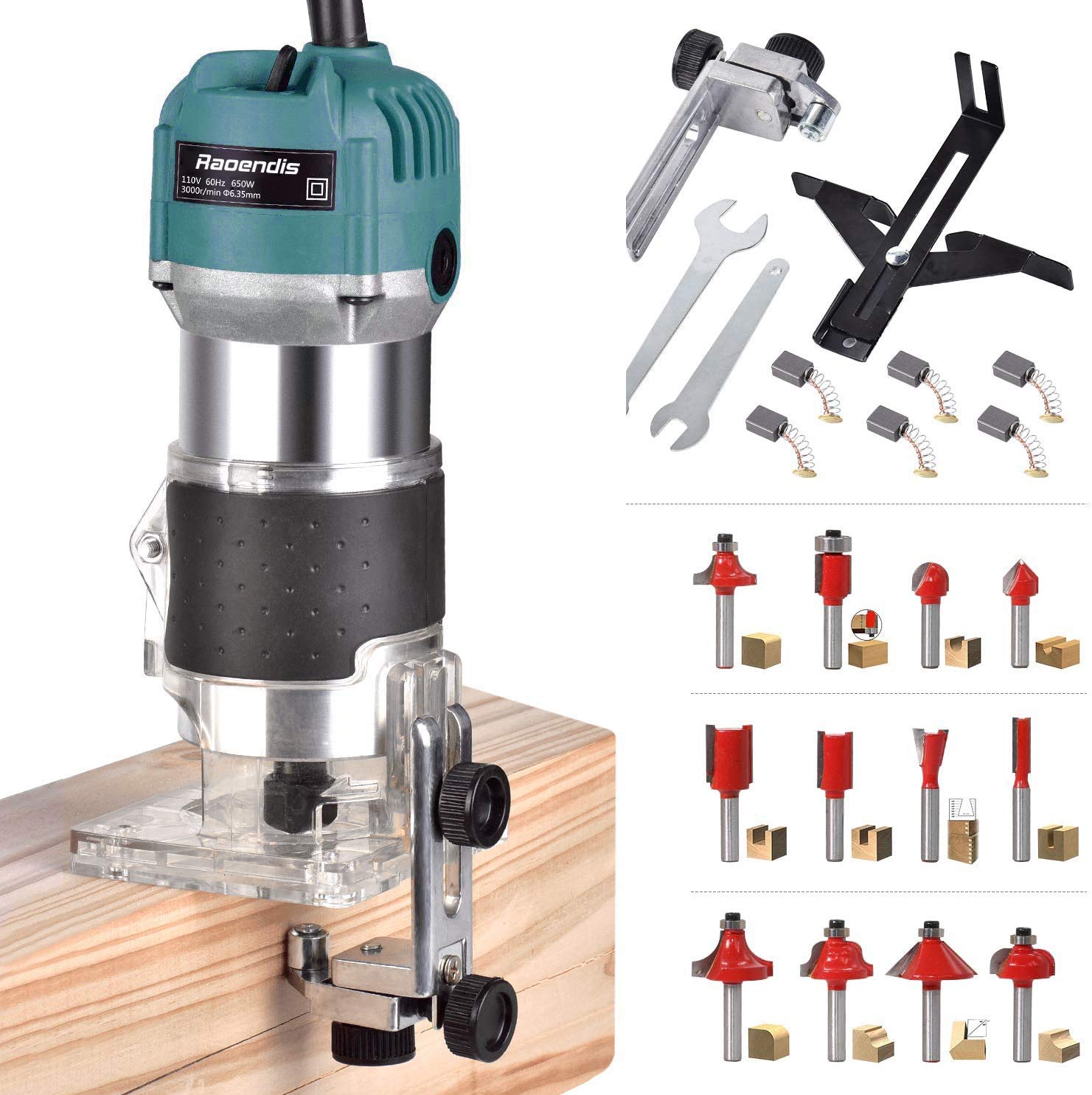 Photo 1 of Compact Wood Palm Router Tool Hand Trimmer Woodworking Joiner Cutting Palmming Tool 30000R/MIN 650-800W 110V with 12PCS 1/4" Router Bits