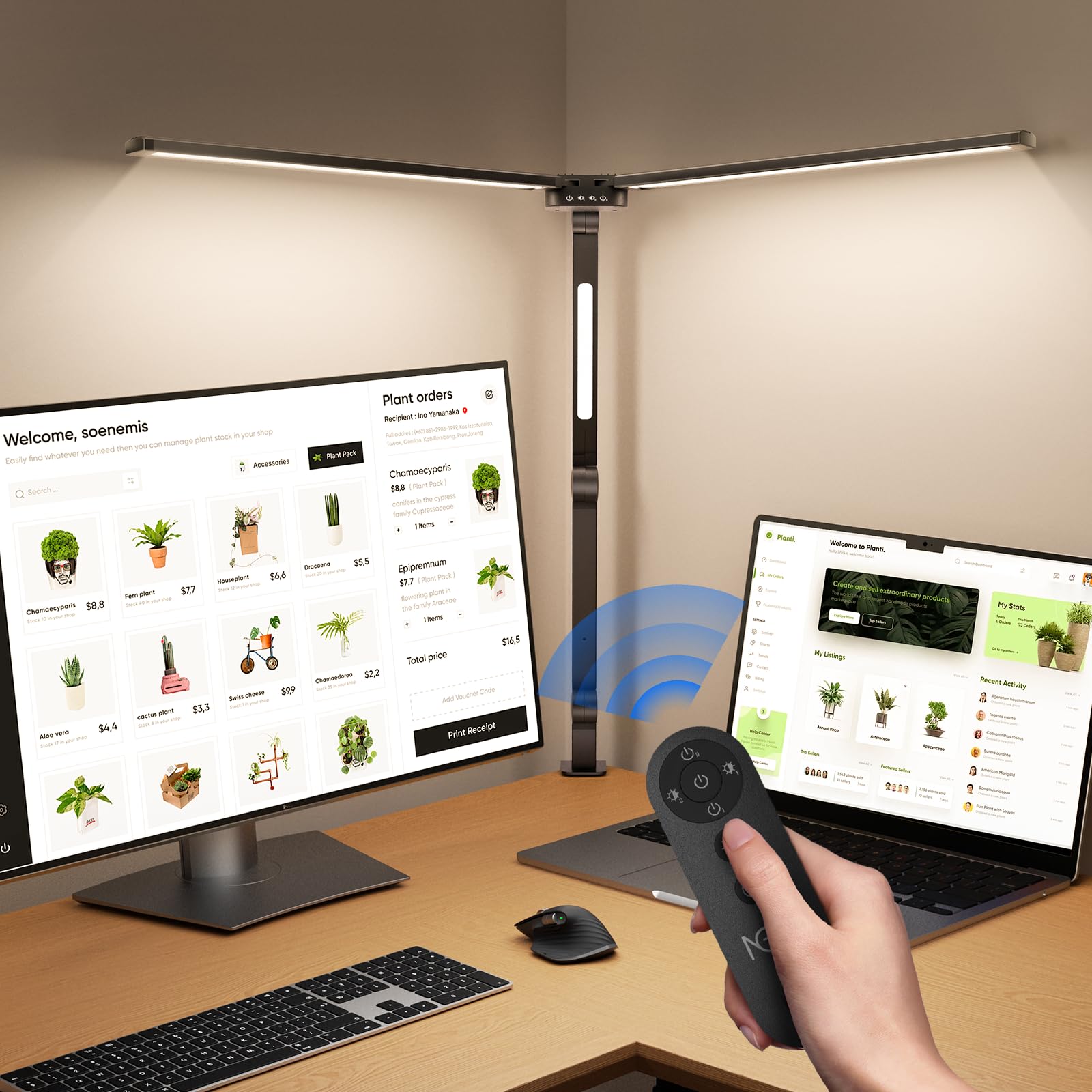 NGTeco LED Desk Lamp with Dual Head, Desk Light with Remote Control Bright Adjustable,3 Light Bars, Eye-Caring, Flexible Swing Arm, for Home Office, Study, and Drawing