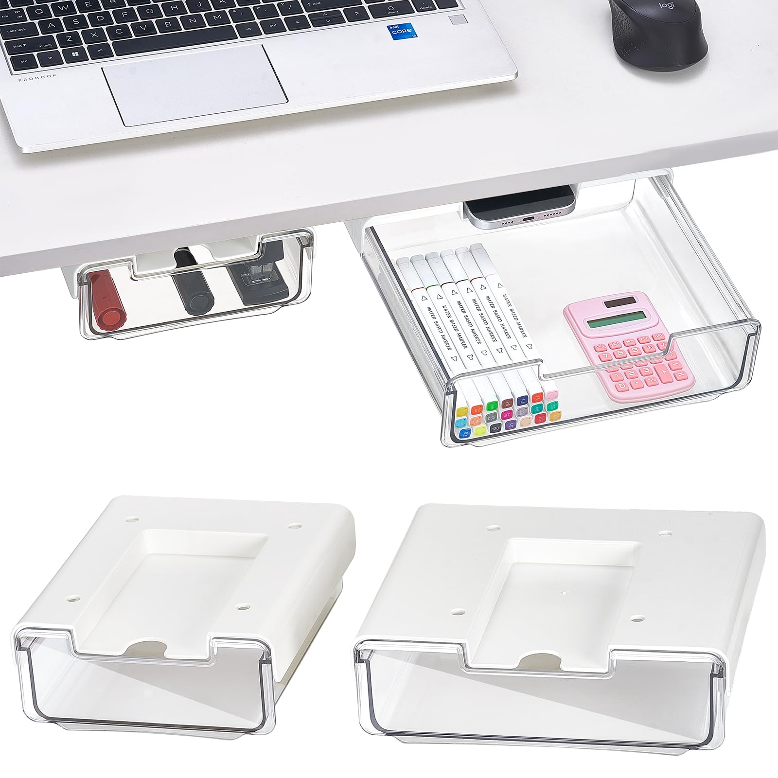 Photo 1 of OrgaFocus 2 Pack Under Desk Hanging Drawer Slide Pull Out, Attachable Clear Acrylic Storage Tray, Easy Hidden Self Adhesive Mount Cabinet Shelf Holder for Tables, Home & Office, Counters, Workstation