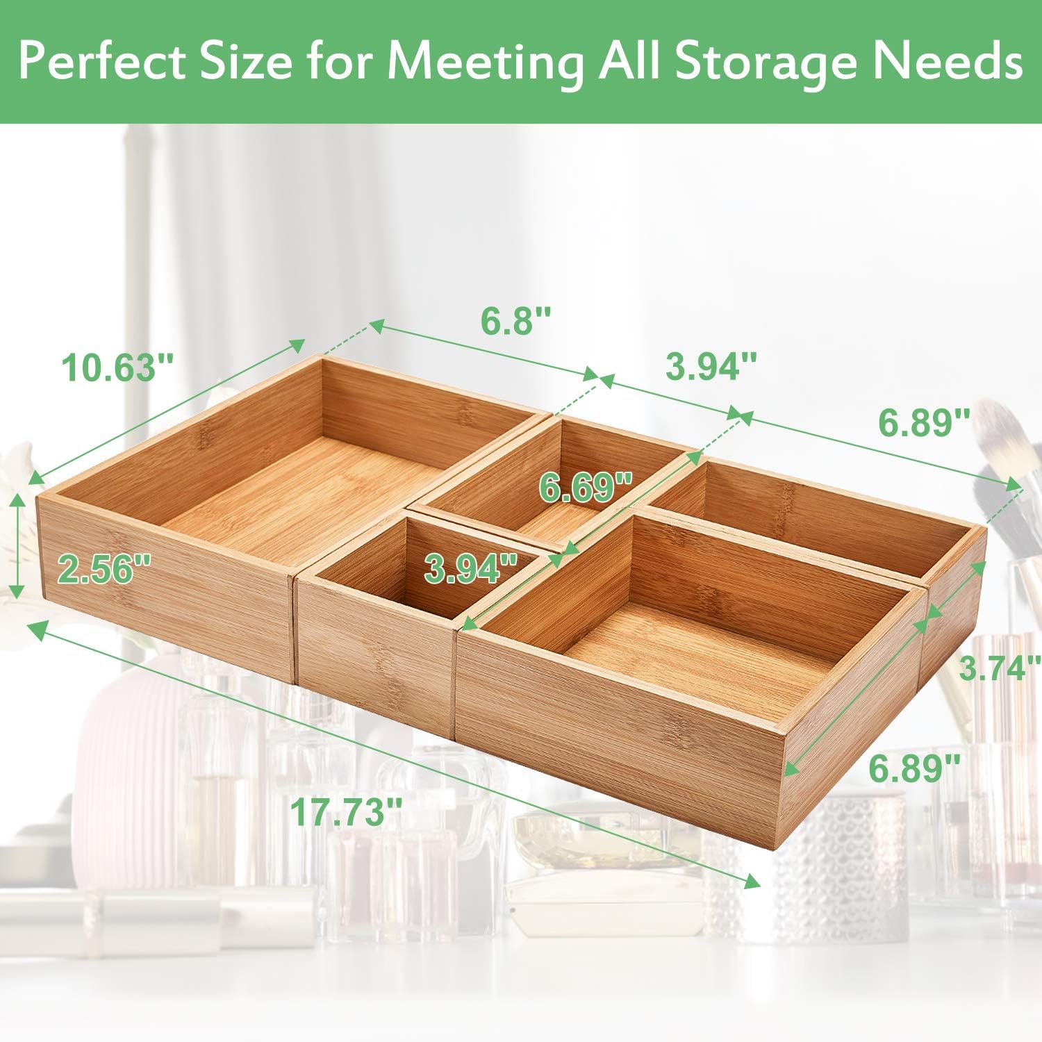5 Piece Bamboo Drawer Organizer Set, Luxury Wooden Desk Storage Box Kit, Multi-use Junk Drawer Organizer for Office, Kitchen, Bedroom, Children Room, Craft, Sewing : Office Products