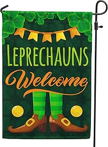 PAMBO Welcome Leprechauns St Patricks Day Garden Flag 12x18 Double Sided Burlap, Shamrocks Flag for Saint Patricks Day Outside Decoration