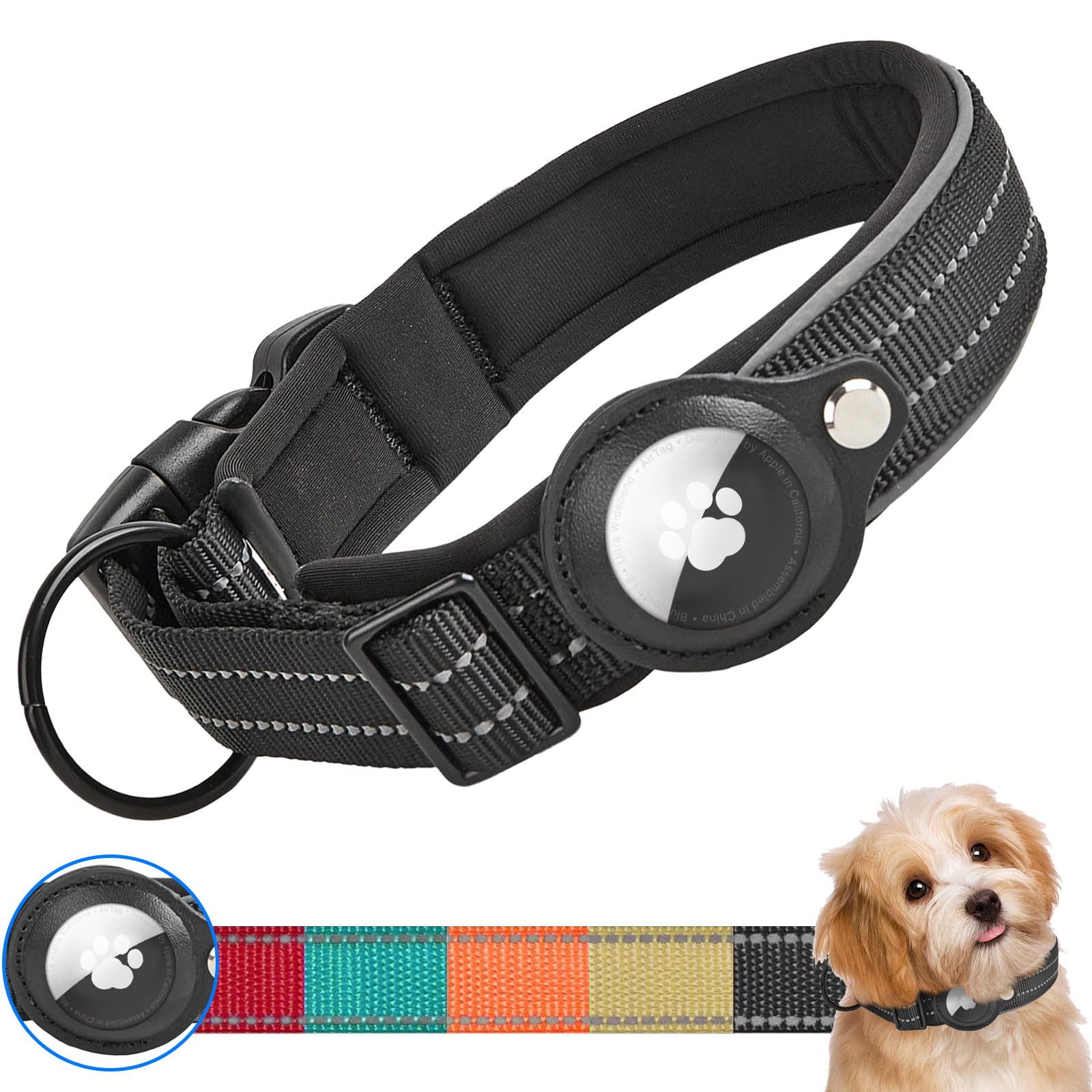 Ledeak Padded Dog Collar for AirTag, Reflective Waterproof Dog Collar Holder with Protective Case for Apple Airtag Dog Tracker, Durable Anti-lost Dog Collars for Small Medium Large Dogs (Black, L)