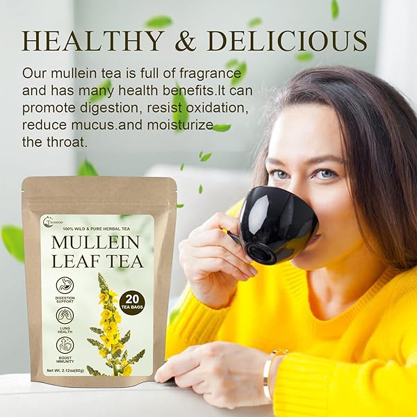 MULLEIN LEAF TEA BAGS | 20 TEABAGS (3G/BAG) FOR LUNG HEALTH | NON-GMO & CAFFEINE-FREE | NATURAL HERBAL TEA FOR DETOX & RESPIRATORY SUPPORT (1BOX)