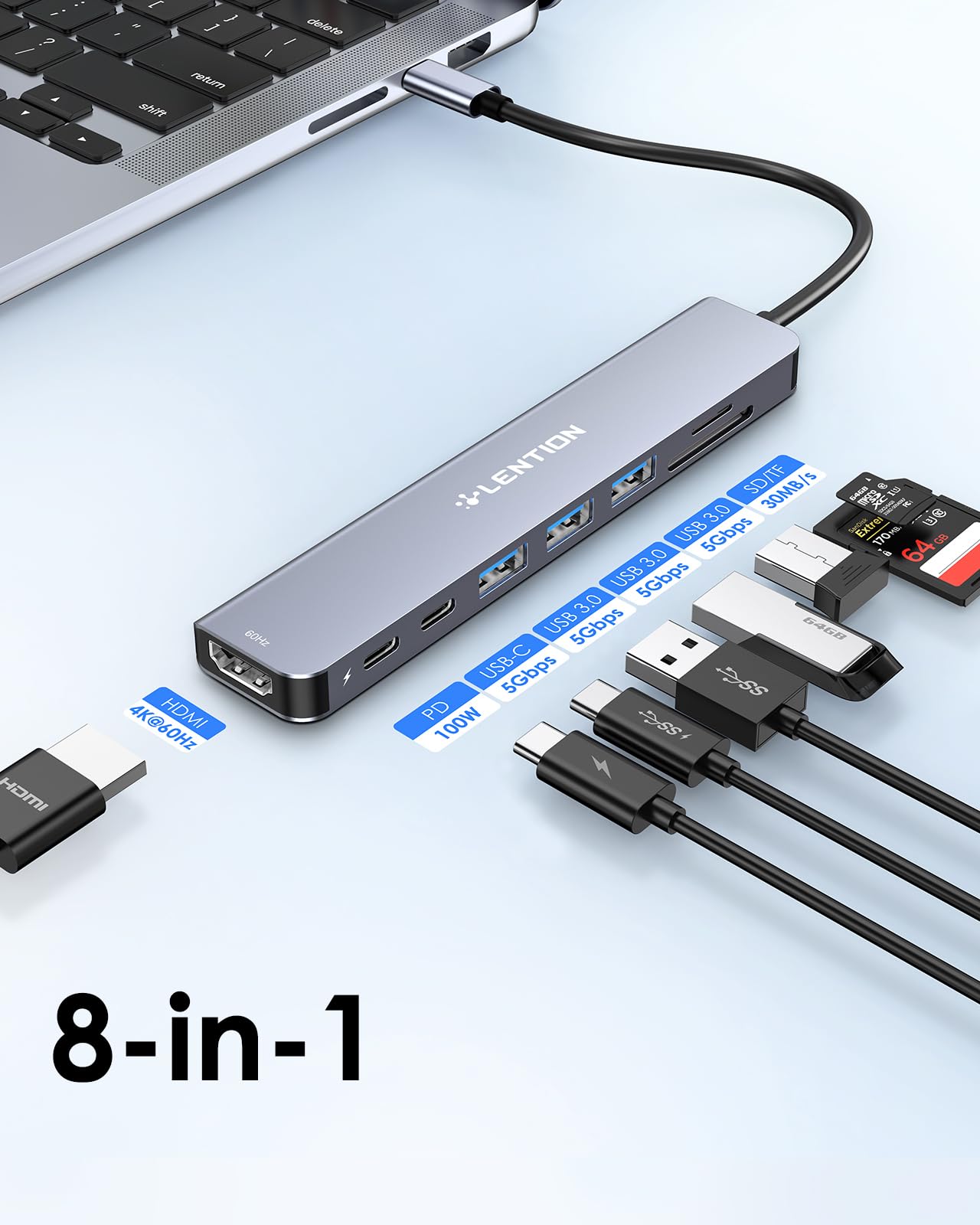 LENTION USB C Hub mit 4K60Hz HDMI, 100W PD, SD/TF Kartenleser, Typ-C Datei, USB 3,0 Adapter auf USB-C, für 2025-2016 MacBook Pro, Neues Mac Air, iPhone 17/16/15 Plus Pro Max, Thunderbolt 3/4 2