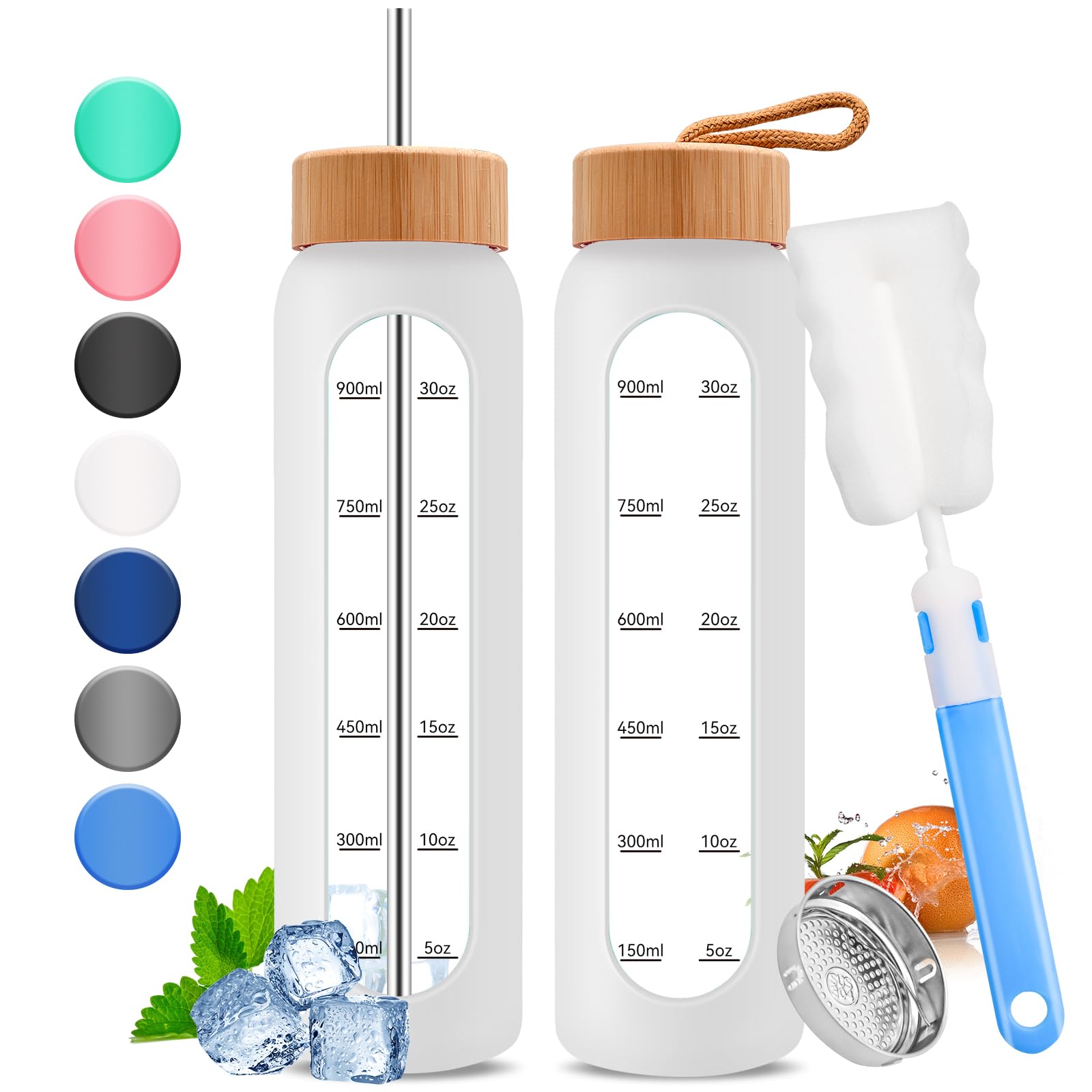 32oz Glass Water Bottle with Time Marker - 1000ml Large Motivational Water Bottle with 2 Bamboo Lids, Sealed & Straw Hole, 1L Bottle for Fitness with Stainless Steel Straw & Silicone Case (White)