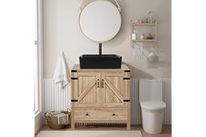 Puluomis 28-inch Bathroom Vanity, Modern Natural Color Wood Fixture Stand Pedestal Bathroom Cabinet with Bathroom Black Ceramic Vessel Sink Top