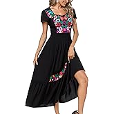 Women's Summer Maxi Dress Casual Floral Embroidered Round Neck Short Sleeve Ruffle Tiered Dress Flowy Boho Beach Sundress
