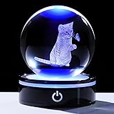 YWHL 3D Crystal Ball Cat Gifts for Women, Laser Cat and Butterfly Figurine with LED Base, Cat Ornament Glass Decorative Ball Globe Night Light (80mm)